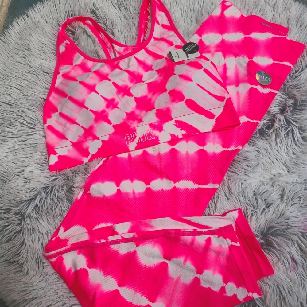 PINK Victoria's Secret Tie-Dye Sports Bra and leggings set - Pink and White